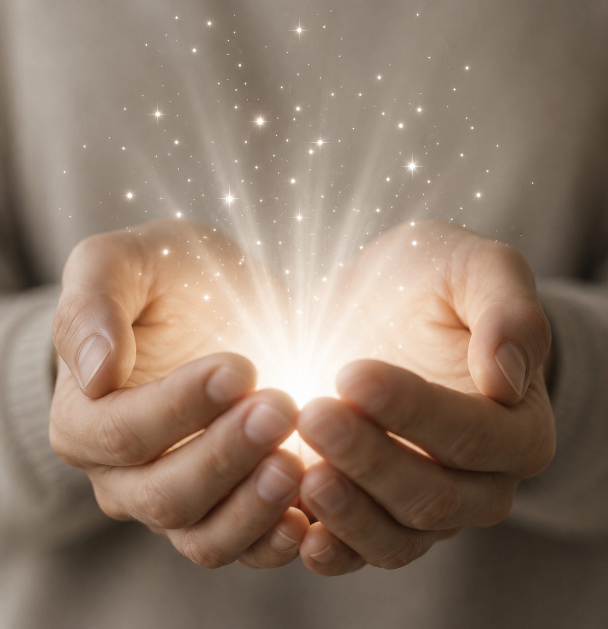 Cupped hands holding a soft light